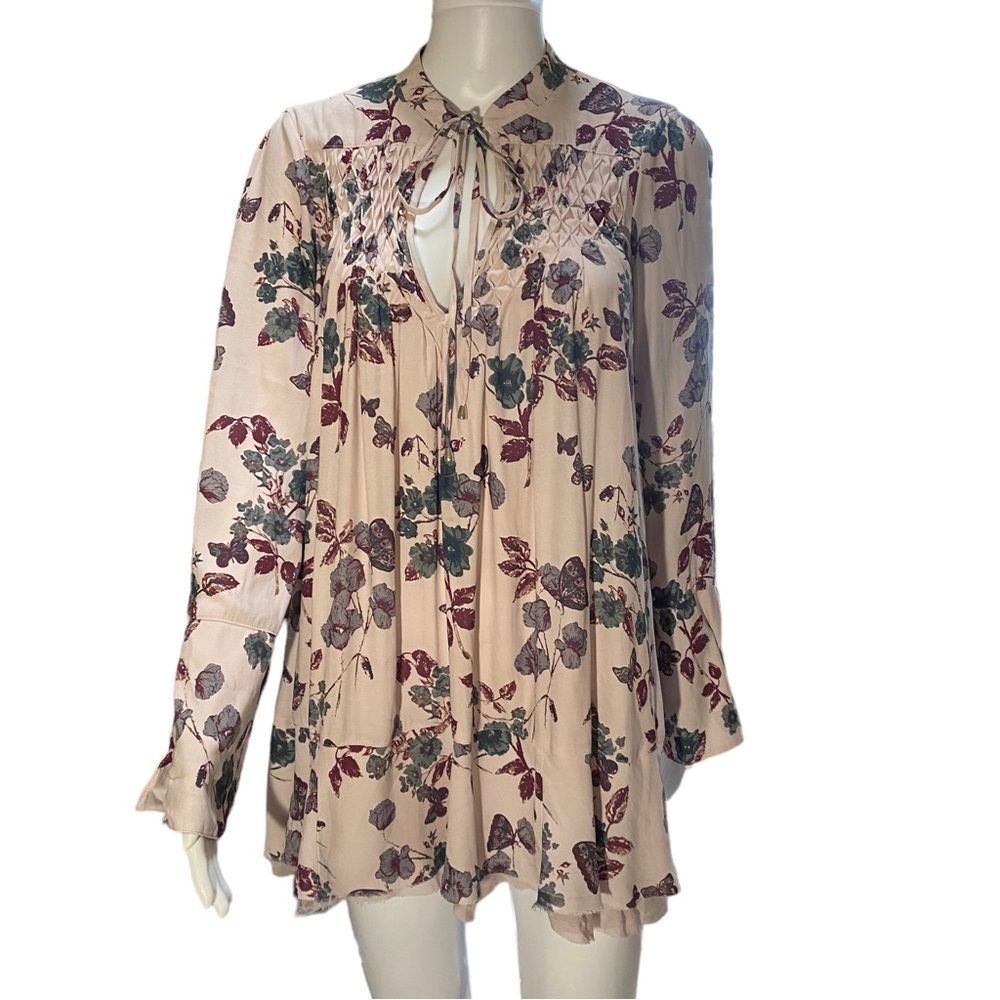 Free People Floral Lavender Long‎ Sleeve Boho Mini Dress/Top with Tie Collar XS